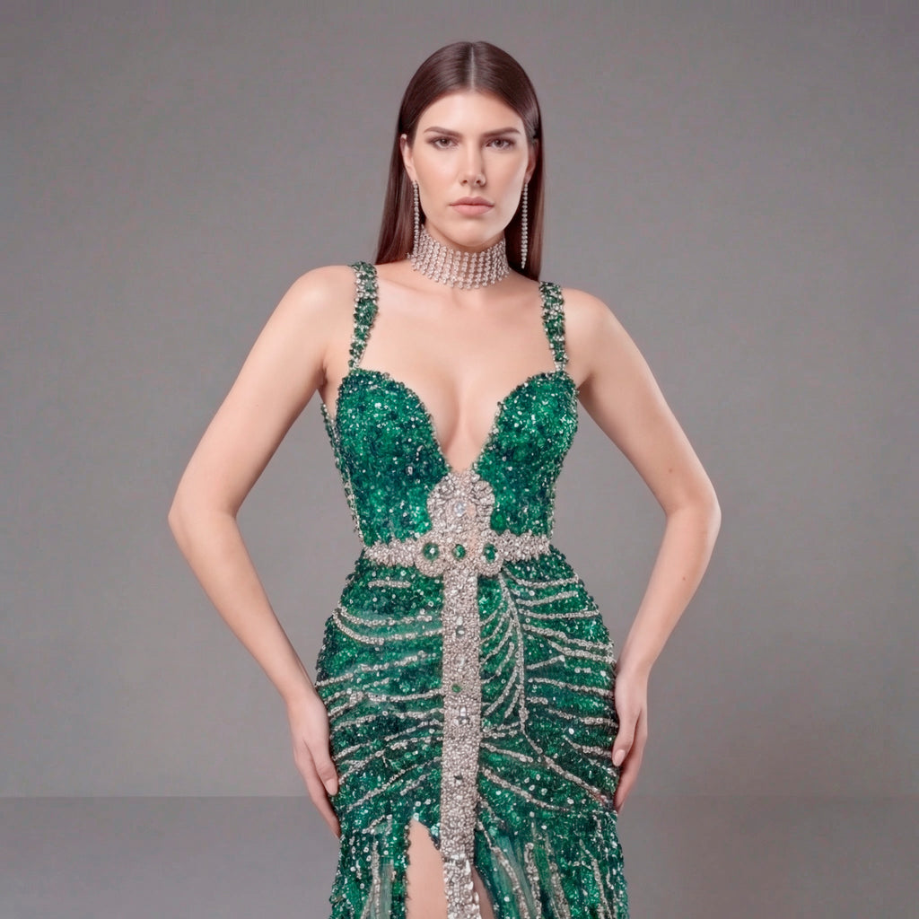 Emerald Green Crystal Embellished Deep V-Neck Mermaid Gown with Architectural Waist Detail and High Slit