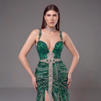 Emerald Green Crystal Embellished Deep V-Neck Mermaid Gown with Architectural Waist Detail and High Slit