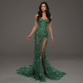 Emerald Green Strapless Corset Mermaid Gown with Crystal Embellishments, Sheer Illusion Fabric, High Slit and Flowing Train
