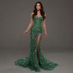 Emerald Green Strapless Corset Mermaid Gown with Crystal Embellishments, Sheer Illusion Fabric, High Slit and Flowing Train