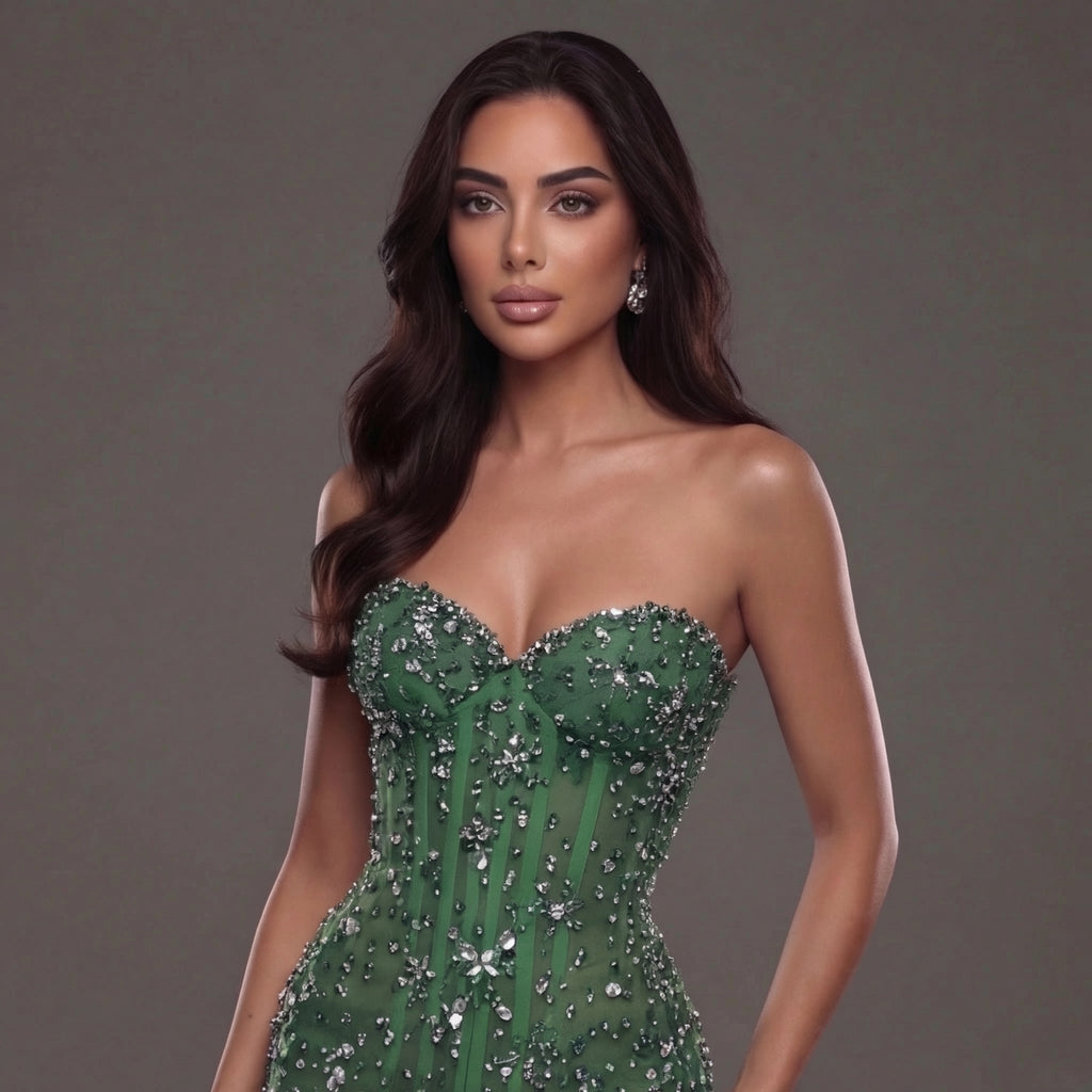Emerald Green Strapless Corset Mermaid Gown with Crystal Embellishments, Sheer Illusion Fabric, High Slit and Flowing Train