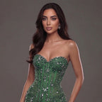 Emerald Green Strapless Corset Mermaid Gown with Crystal Embellishments, Sheer Illusion Fabric, High Slit and Flowing Train
