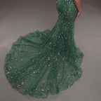 Emerald Green Strapless Corset Mermaid Gown with Crystal Embellishments, Sheer Illusion Fabric, High Slit and Flowing Train