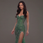 Emerald Green Strapless Corset Mermaid Gown with Crystal Embellishments, Sheer Illusion Fabric, High Slit and Flowing Train
