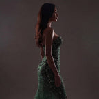 Emerald Green Strapless Corset Mermaid Gown with Crystal Embellishments, Sheer Illusion Fabric, High Slit and Flowing Train