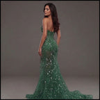 Emerald Green Strapless Corset Mermaid Gown with Crystal Embellishments, Sheer Illusion Fabric, High Slit and Flowing Train