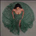 Emerald Green Strapless Corset Mermaid Gown with Crystal Embellishments, Sheer Illusion Fabric, High Slit and Flowing Train