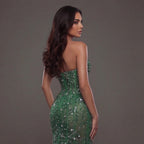 Emerald Green Strapless Corset Mermaid Gown with Crystal Embellishments, Sheer Illusion Fabric, High Slit and Flowing Train