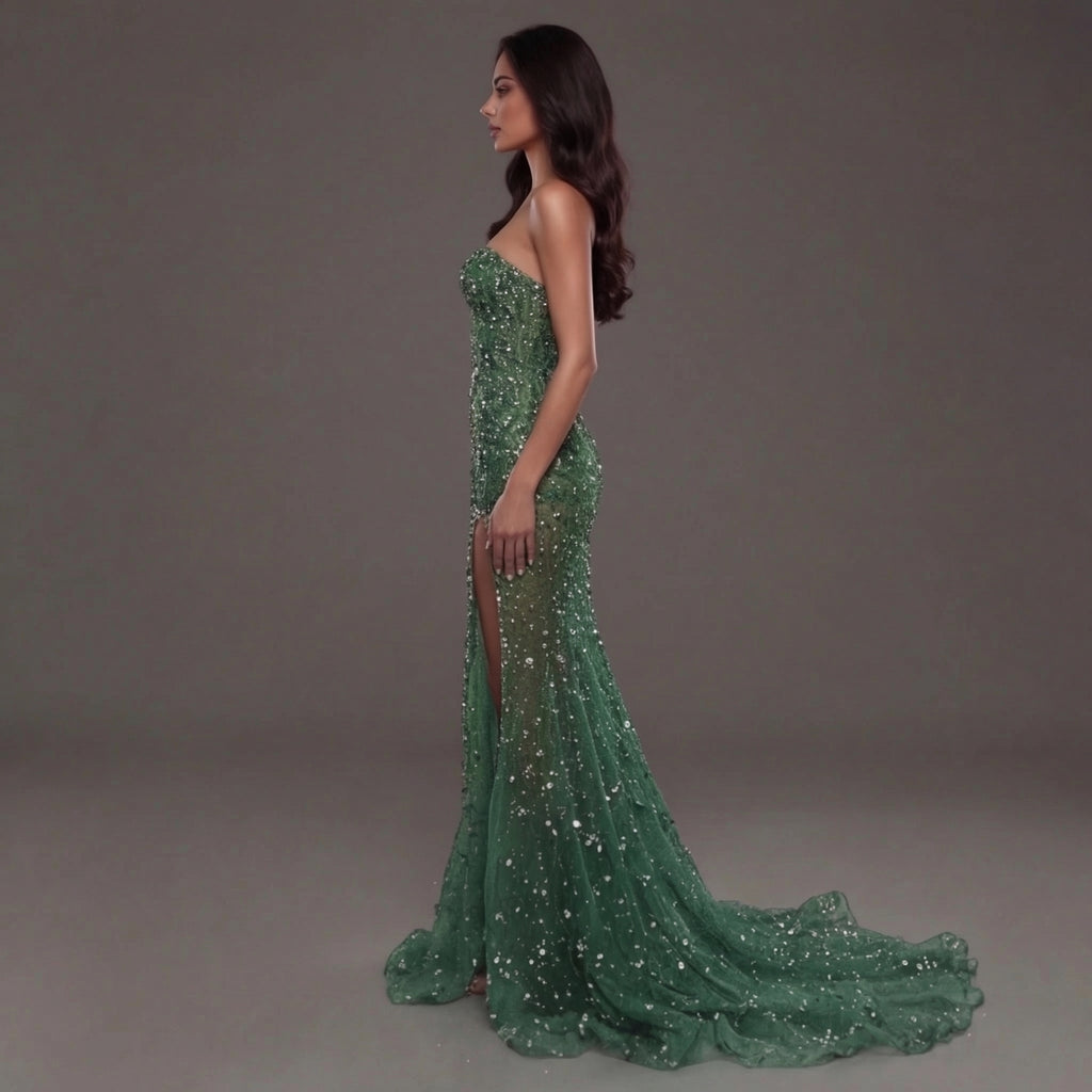 Emerald Green Strapless Corset Mermaid Gown with Crystal Embellishments, Sheer Illusion Fabric, High Slit and Flowing Train