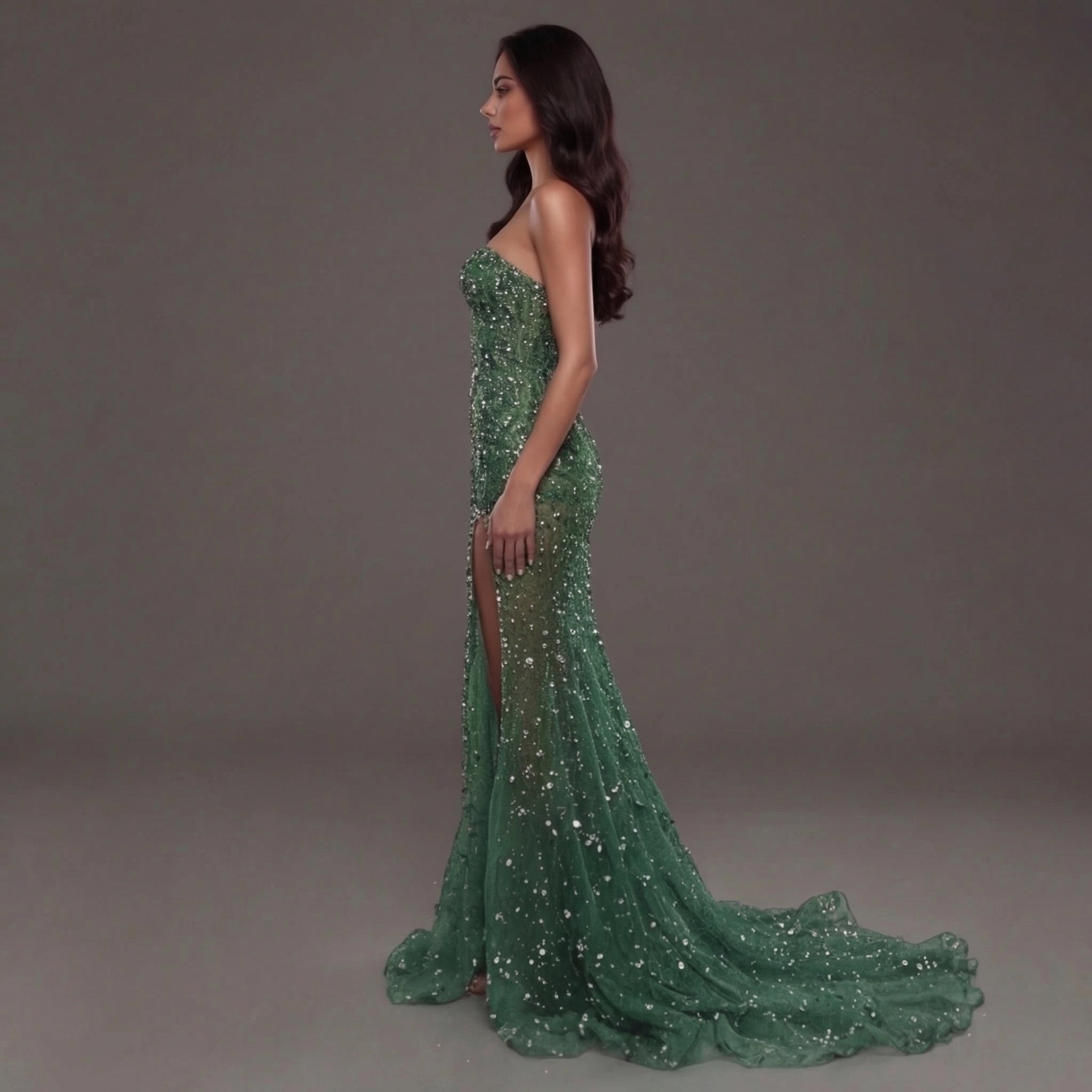 Emerald Green Strapless Corset Mermaid Gown with Crystal Embellishments, Sheer Illusion Fabric, High Slit and Flowing Train