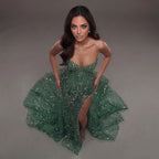 Emerald Green Strapless Corset Mermaid Gown with Crystal Embellishments, Sheer Illusion Fabric, High Slit and Flowing Train