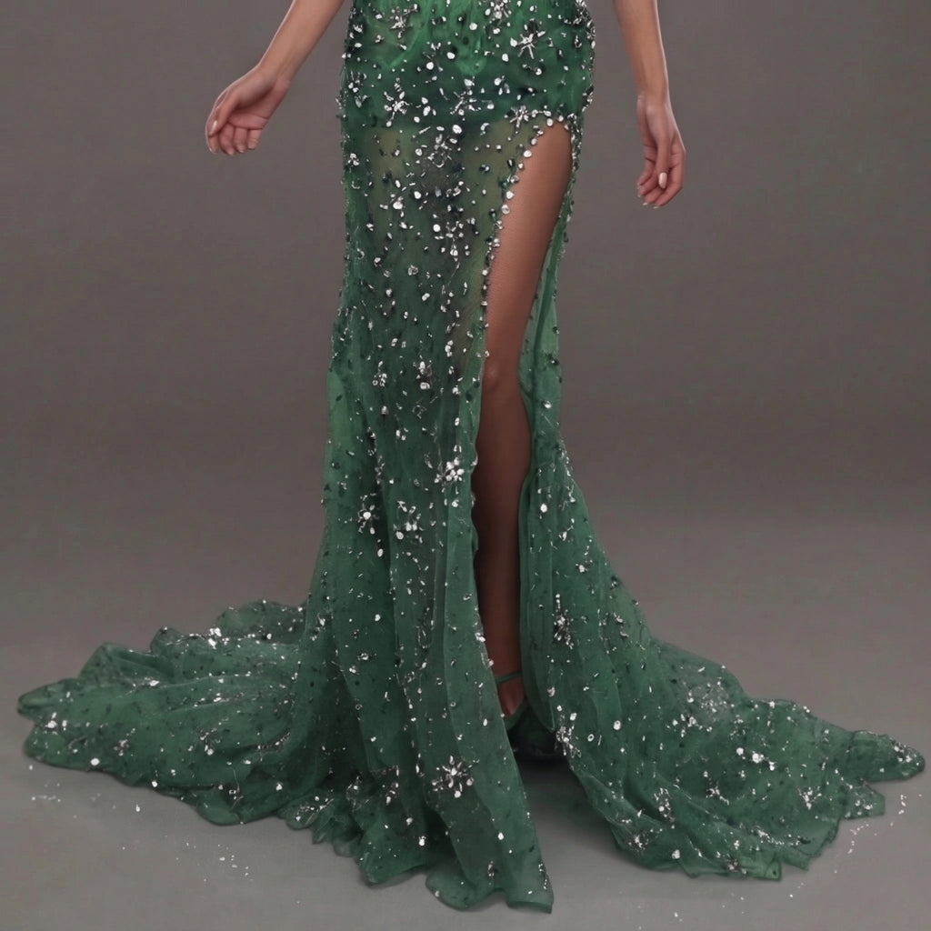 Emerald Green Strapless Corset Mermaid Gown with Crystal Embellishments, Sheer Illusion Fabric, High Slit and Flowing Train