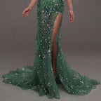 Emerald Green Strapless Corset Mermaid Gown with Crystal Embellishments, Sheer Illusion Fabric, High Slit and Flowing Train