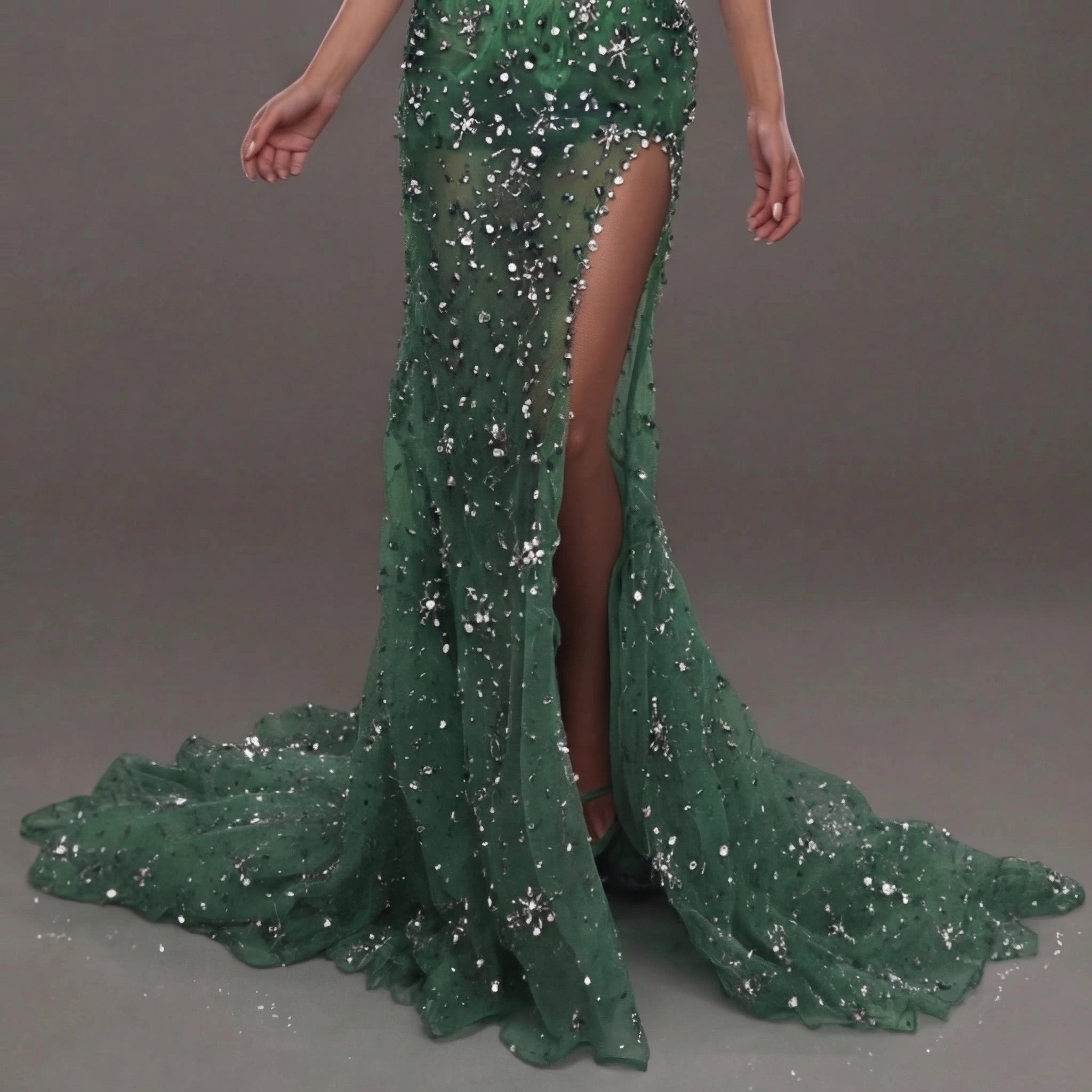 Emerald Green Strapless Corset Mermaid Gown with Crystal Embellishments, Sheer Illusion Fabric, High Slit and Flowing Train