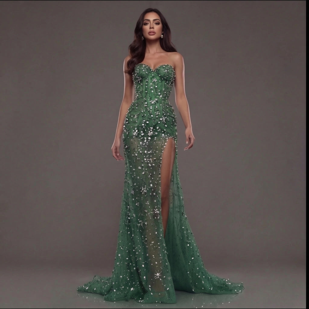 Emerald Green Strapless Corset Mermaid Gown with Crystal Embellishments, Sheer Illusion Fabric, High Slit and Flowing Train