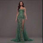 Emerald Green Strapless Corset Mermaid Gown with Crystal Embellishments, Sheer Illusion Fabric, High Slit and Flowing Train