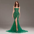 Emerald Green Strapless Mermaid Evening Gown with Crystal Embellishments, Sheer Corset Bodice, High Slit and Tulle Train