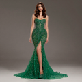 Emerald Green Strapless Mermaid Evening Gown with Crystal Embellishments, Sheer Corset Bodice, High Slit and Tulle Train