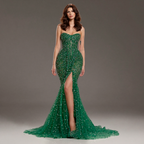 Emerald Green Strapless Mermaid Evening Gown with Crystal Embellishments, Sheer Corset Bodice, High Slit and Tulle Train