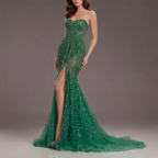 Emerald Green Strapless Mermaid Evening Gown with Crystal Embellishments, Sheer Corset Bodice, High Slit and Tulle Train