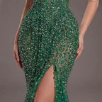Emerald Green Strapless Mermaid Evening Gown with Crystal Embellishments, Sheer Corset Bodice, High Slit and Tulle Train