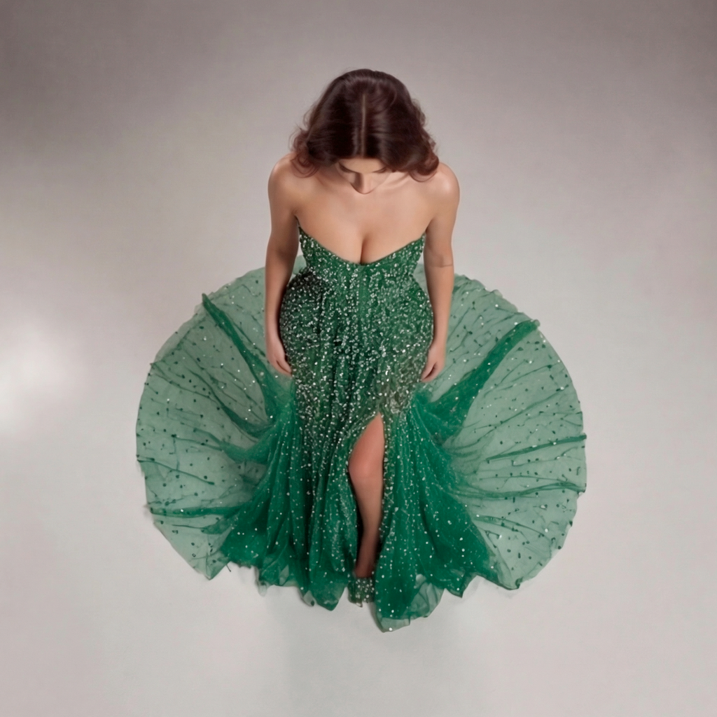 Emerald Green Strapless Mermaid Evening Gown with Crystal Embellishments, Sheer Corset Bodice, High Slit and Tulle Train