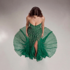 Emerald Green Strapless Mermaid Evening Gown with Crystal Embellishments, Sheer Corset Bodice, High Slit and Tulle Train