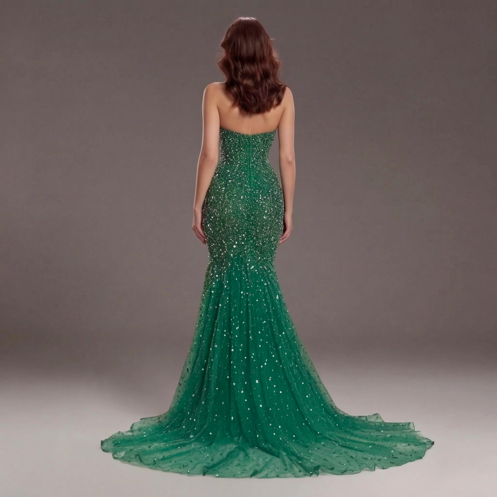 Emerald Green Strapless Mermaid Evening Gown with Crystal Embellishments, Sheer Corset Bodice, High Slit and Tulle Train