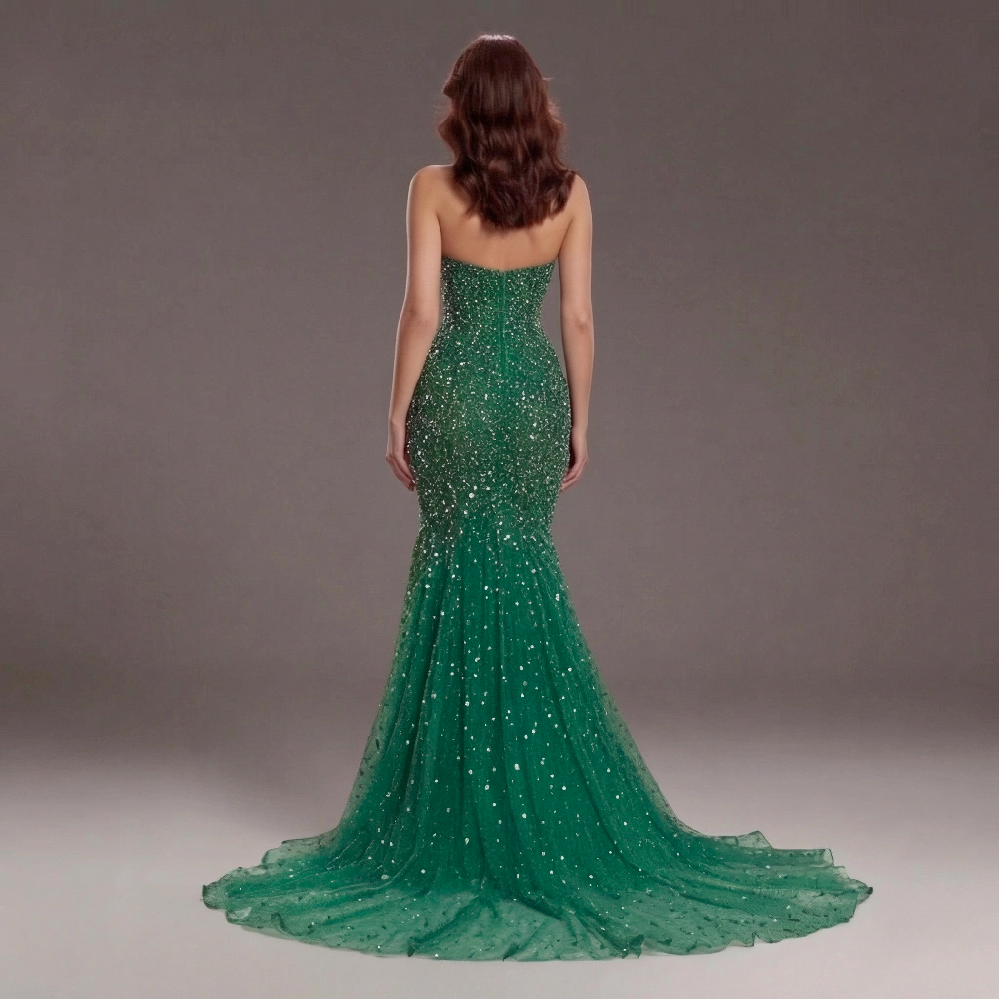 Emerald Green Strapless Mermaid Evening Gown with Crystal Embellishments, Sheer Corset Bodice, High Slit and Tulle Train