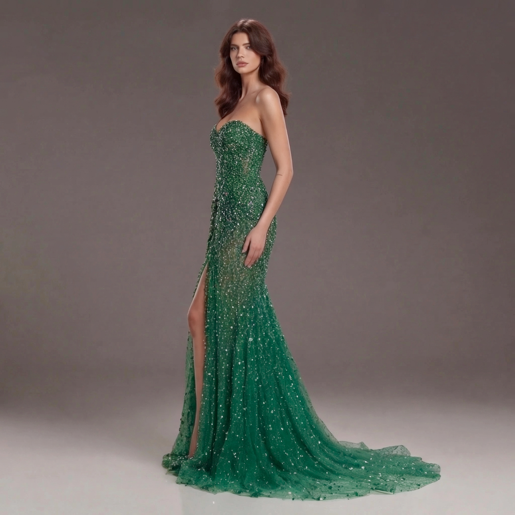 Emerald Green Strapless Mermaid Evening Gown with Crystal Embellishments, Sheer Corset Bodice, High Slit and Tulle Train