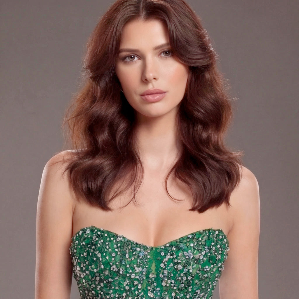 Emerald Green Strapless Mermaid Evening Gown with Crystal Embellishments, Sheer Corset Bodice, High Slit and Tulle Train