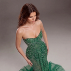 Emerald Green Strapless Mermaid Evening Gown with Crystal Embellishments, Sheer Corset Bodice, High Slit and Tulle Train
