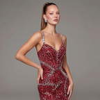 Crimson Red Mermaid Evening Gown with Crystal Embellishments, Corset Bodice, Spaghetti Straps, High Slit and Tulle Train