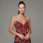 Crimson Red Mermaid Evening Gown with Crystal Embellishments, Corset Bodice, Spaghetti Straps, High Slit and Tulle Train