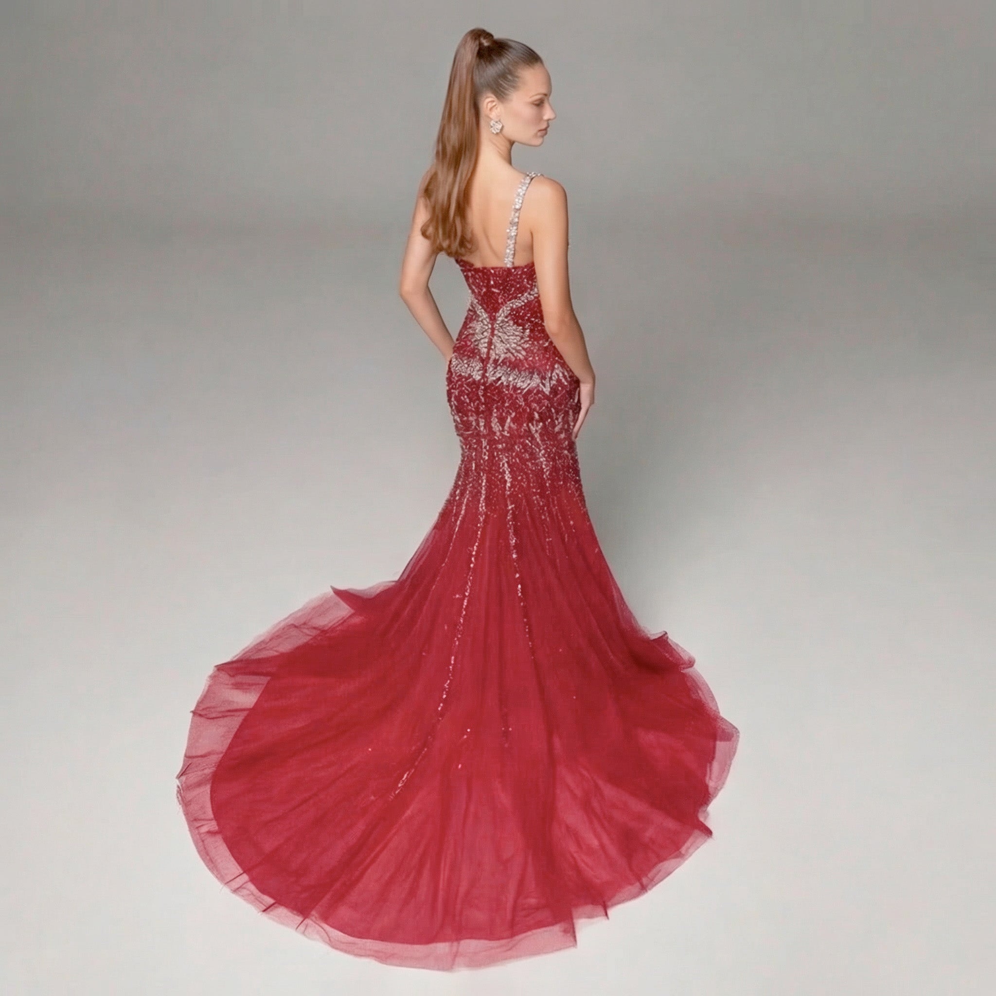Crimson Red Mermaid Evening Gown with Crystal Embellishments, Corset Bodice, Spaghetti Straps, High Slit and Tulle Train