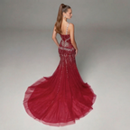 Crimson Red Mermaid Evening Gown with Crystal Embellishments, Corset Bodice, Spaghetti Straps, High Slit and Tulle Train