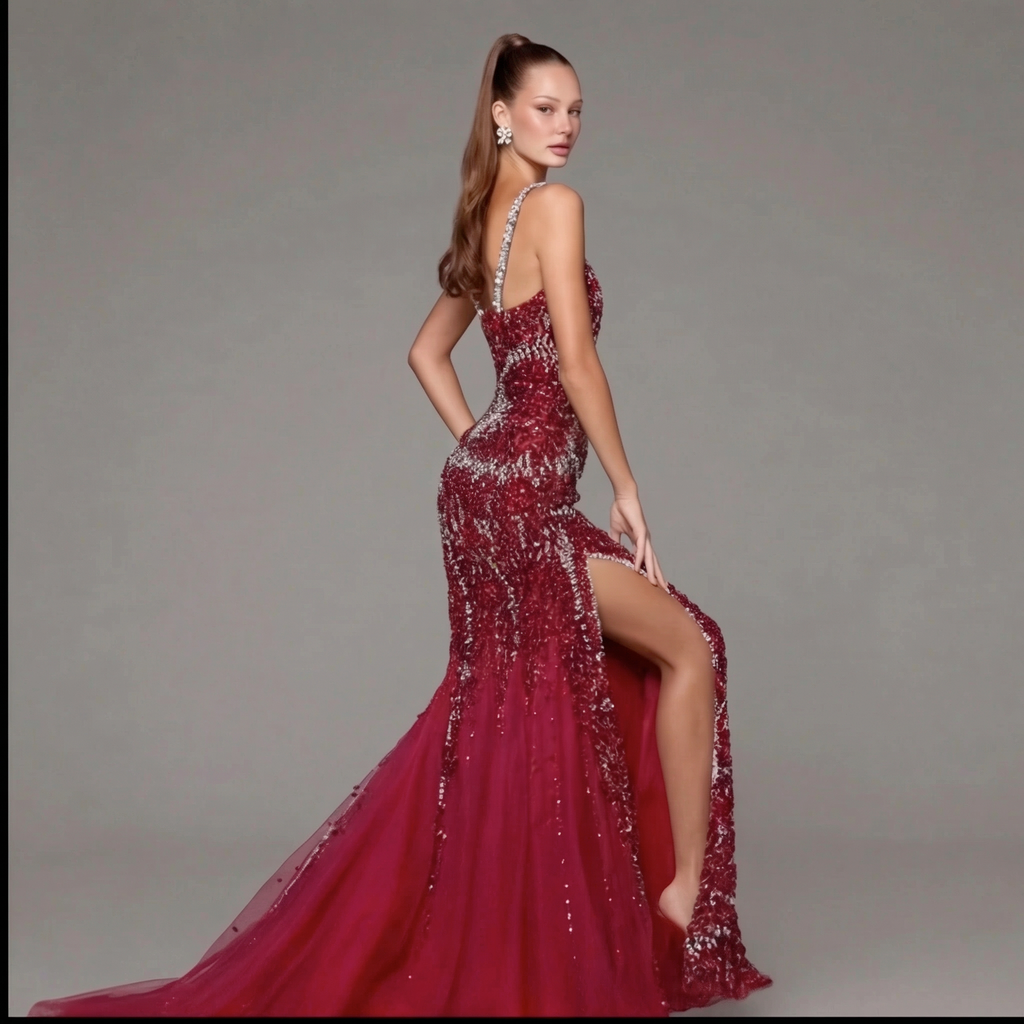 Crimson Red Mermaid Evening Gown with Crystal Embellishments, Corset Bodice, Spaghetti Straps, High Slit and Tulle Train