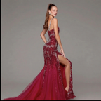 Crimson Red Mermaid Evening Gown with Crystal Embellishments, Corset Bodice, Spaghetti Straps, High Slit and Tulle Train