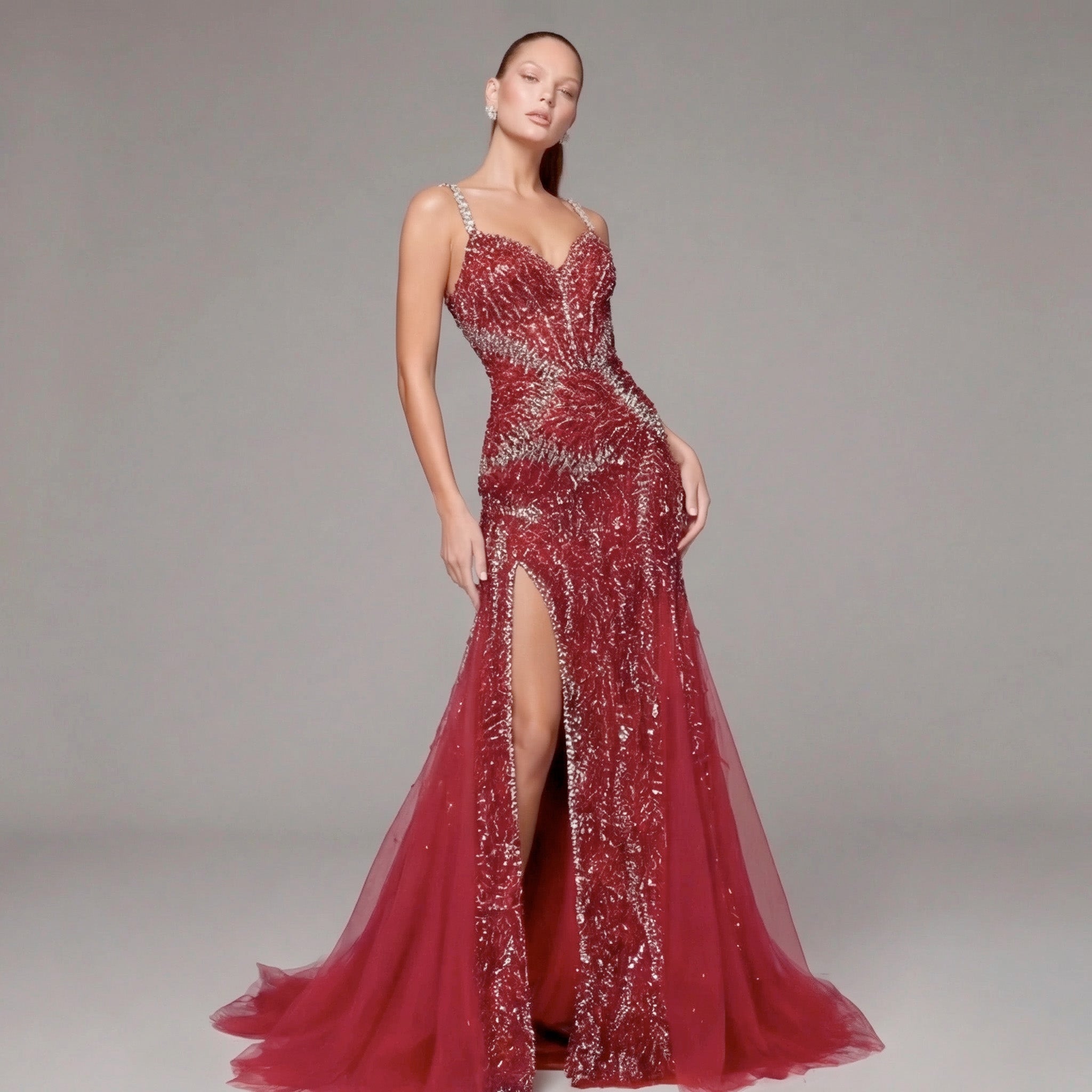 Crimson Red Mermaid Evening Gown with Crystal Embellishments, Corset Bodice, Spaghetti Straps, High Slit and Tulle Train