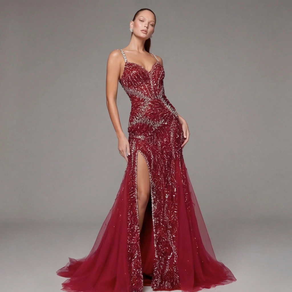 Crimson Red Mermaid Evening Gown with Crystal Embellishments, Corset Bodice, Spaghetti Straps, High Slit and Tulle Train