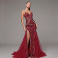 Crimson Red Mermaid Evening Gown with Crystal Embellishments, Corset Bodice, Spaghetti Straps, High Slit and Tulle Train