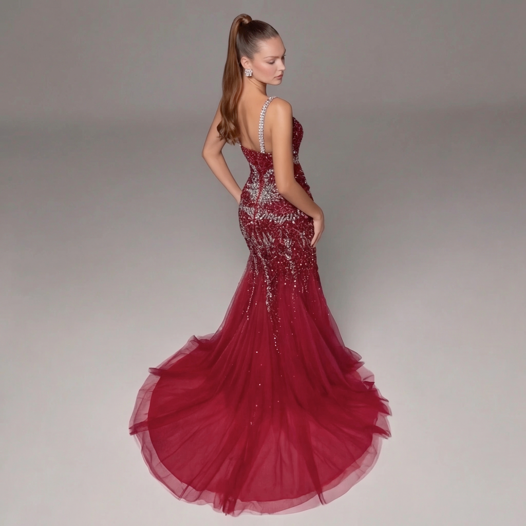 Crimson Red Mermaid Evening Gown with Crystal Embellishments, Corset Bodice, Spaghetti Straps, High Slit and Tulle Train