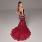 Crimson Red Mermaid Evening Gown with Crystal Embellishments, Corset Bodice, Spaghetti Straps, High Slit and Tulle Train