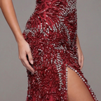 Crimson Red Mermaid Evening Gown with Crystal Embellishments, Corset Bodice, Spaghetti Straps, High Slit and Tulle Train
