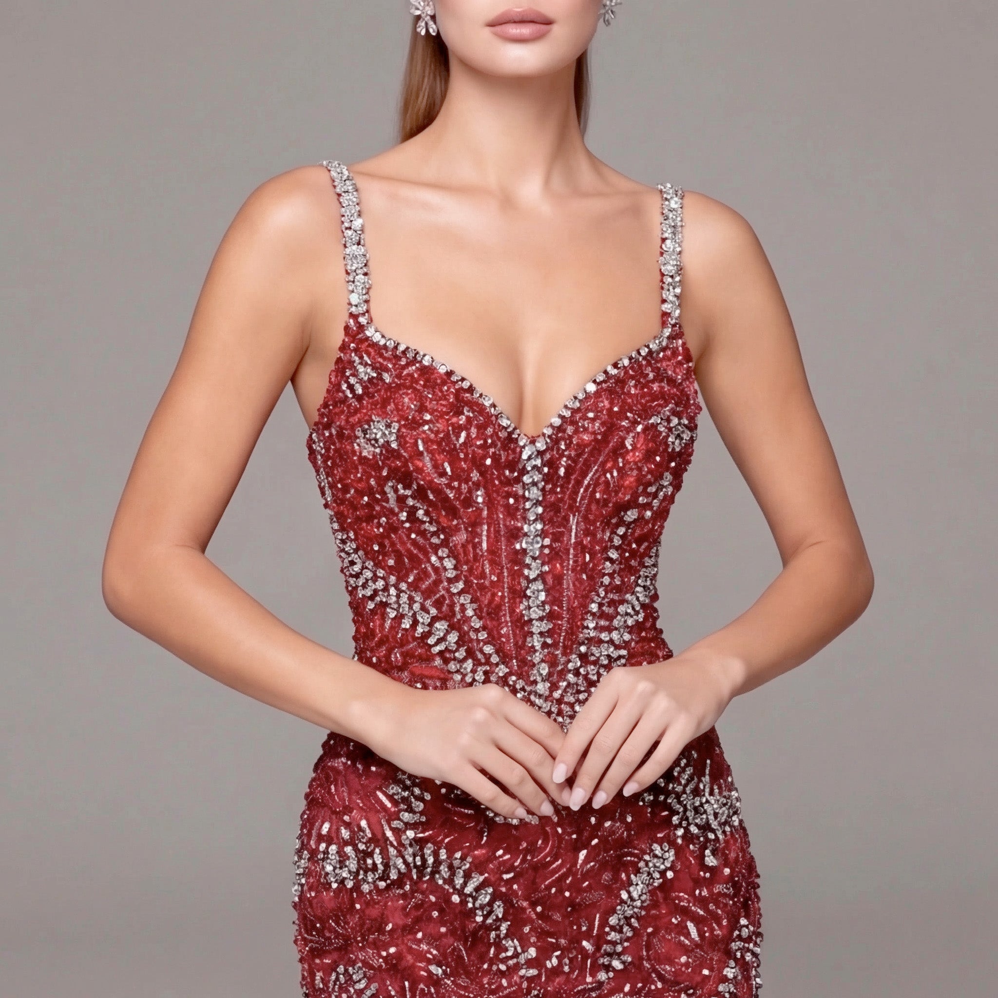Crimson Red Mermaid Evening Gown with Crystal Embellishments, Corset Bodice, Spaghetti Straps, High Slit and Tulle Train