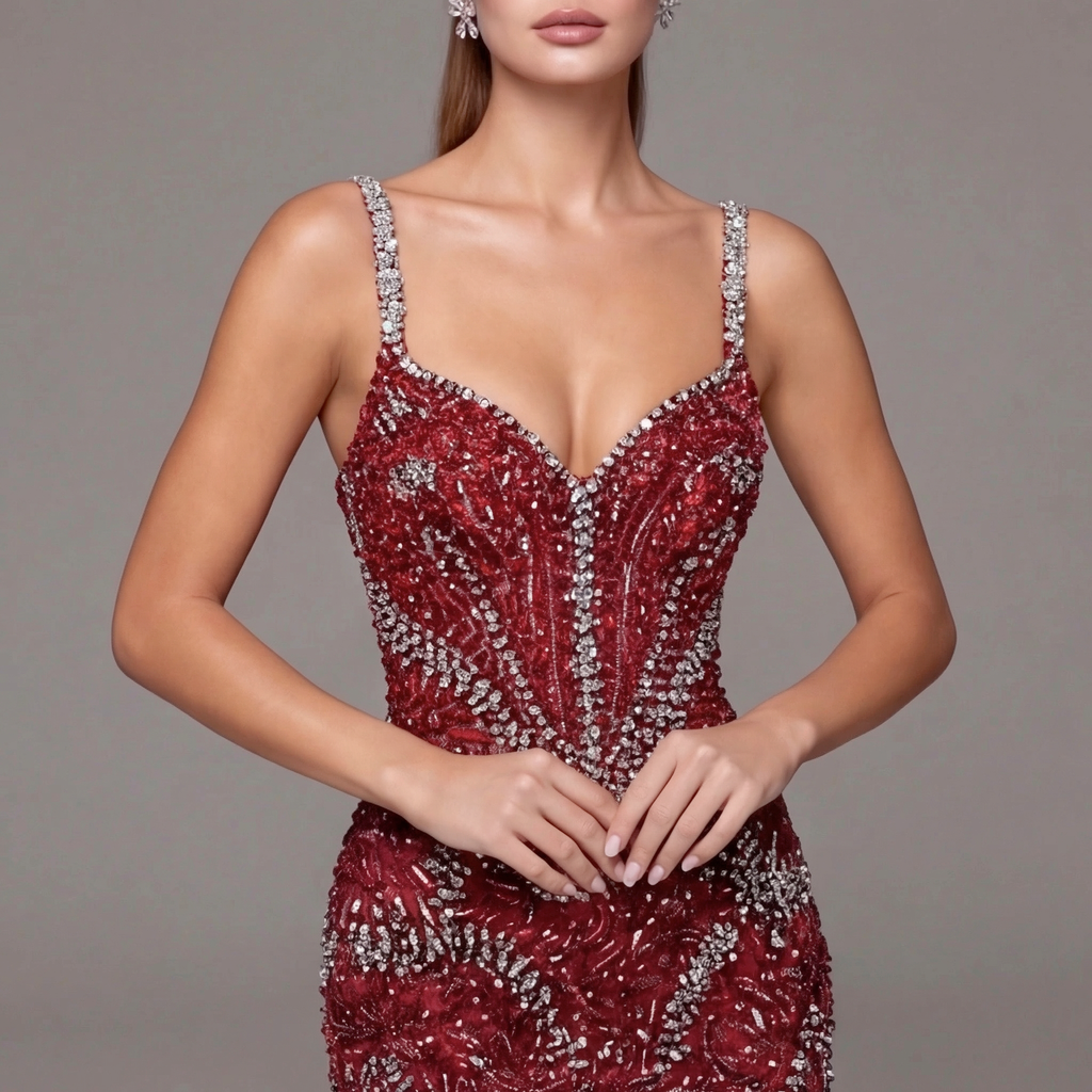 Crimson Red Mermaid Evening Gown with Crystal Embellishments, Corset Bodice, Spaghetti Straps, High Slit and Tulle Train