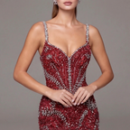 Crimson Red Mermaid Evening Gown with Crystal Embellishments, Corset Bodice, Spaghetti Straps, High Slit and Tulle Train
