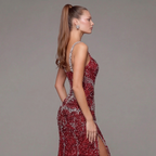 Crimson Red Mermaid Evening Gown with Crystal Embellishments, Corset Bodice, Spaghetti Straps, High Slit and Tulle Train