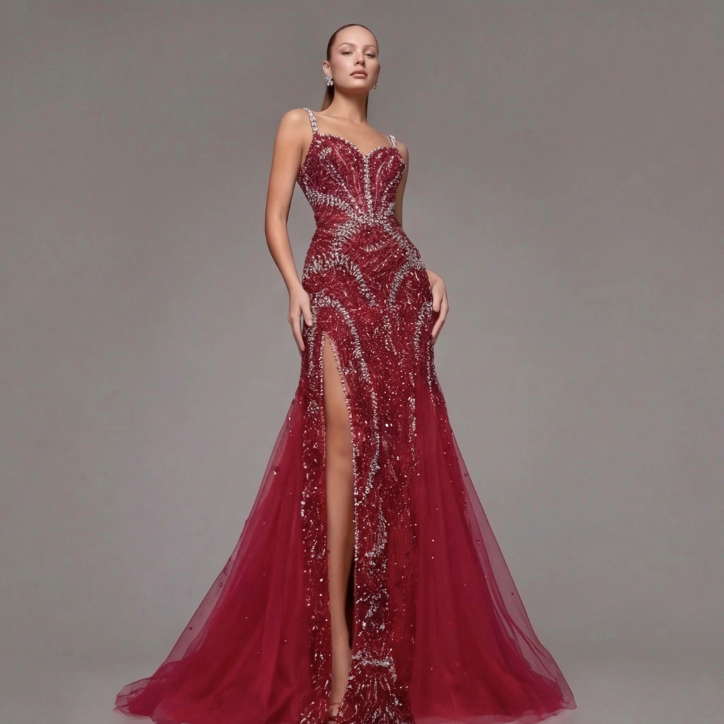 Crimson Red Mermaid Evening Gown with Crystal Embellishments, Corset Bodice, Spaghetti Straps, High Slit and Tulle Train