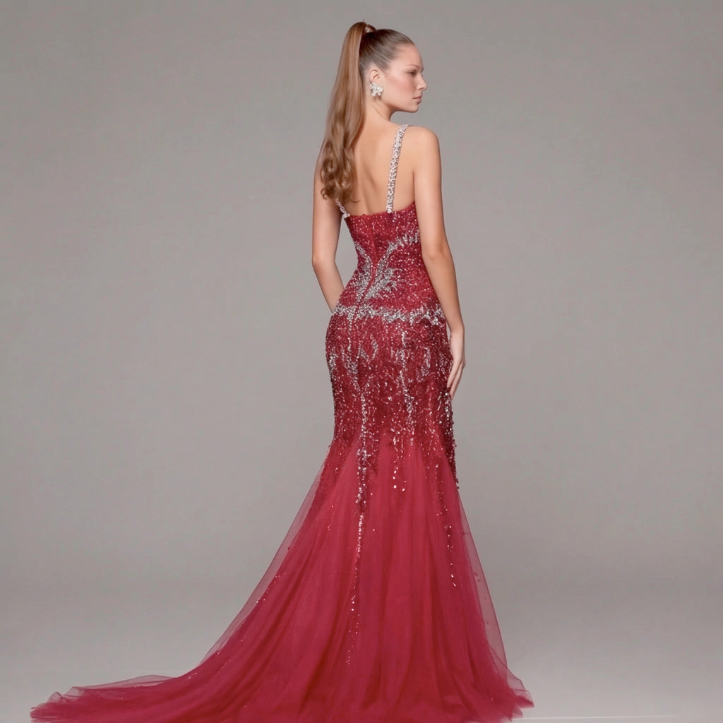 Crimson Red Mermaid Evening Gown with Crystal Embellishments, Corset Bodice, Spaghetti Straps, High Slit and Tulle Train